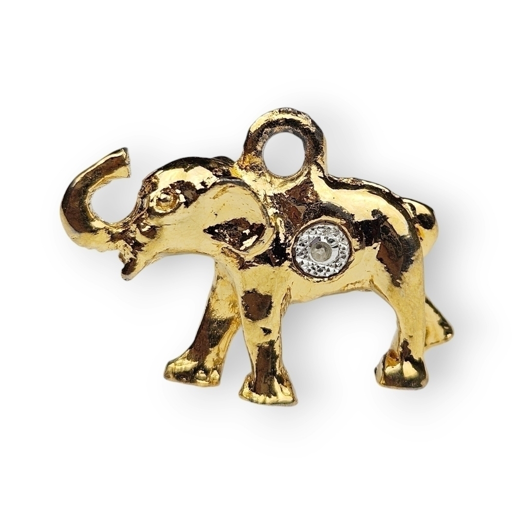 Vintage Lucky Elephant Charm Pendant White Topaz Gold Plated Dimensional 7/8"